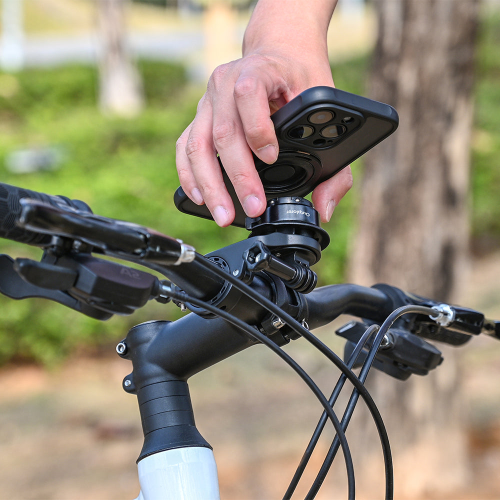 QB01&QU01 - Outplorer Quick Launch Magnetic Motorcycle Phone Mount, Anti-Vibration Handlebar Bracket with Secure Lock for Bike Scooter Moto MTB, 360° Blind Installation for Phones (Bike-Pro & Universal interface)