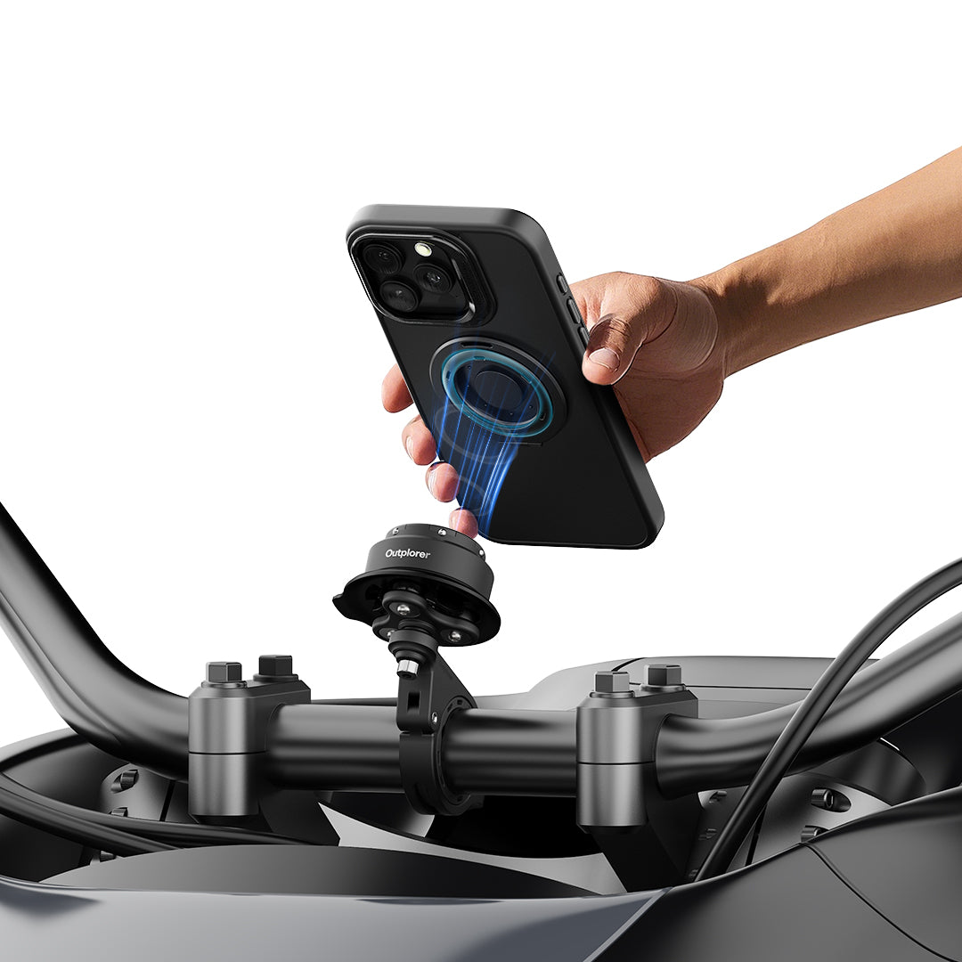 QM01-Outplorer Quick Launch Magnetic Motorcycle Phone Mount, Anti-Vibration Handlebar Bracket with Secure Lock for Bike Scooter Moto MTB, 360° Blind Installation for Phones (Motorcycle-Basic)