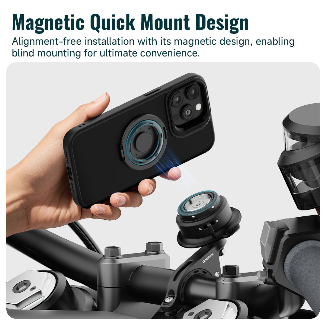 QM01&QU01 - Outplorer Quick Launch Magnetic Motorcycle Phone Mount, Anti-Vibration Handlebar Bracket with Secure Lock for Bike Scooter Moto MTB, 360° Blind Installation for Phones (Motorcycle-Basic &Universal interface)