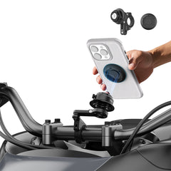 QM02&QU01 - Outplorer Quick Launch Magnetic Motorcycle Phone Mount, Anti-Vibration Handlebar Bracket with Secure Lock for Bike Scooter Moto MTB, 360° Blind Installation for Phones (Motorcycle-Pro&Universal interface)