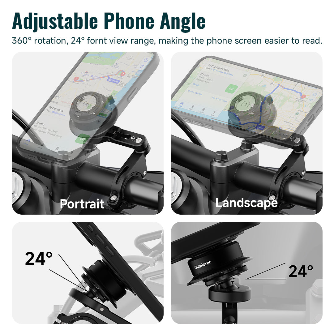 QM02 - Outplorer Quick Launch Magnetic Motorcycle Phone Mount, Anti-Vibration Handlebar Bracket with Secure Lock for Bike Scooter Moto MTB, 360° Blind Installation for Phones (Motorcycle-Pro)